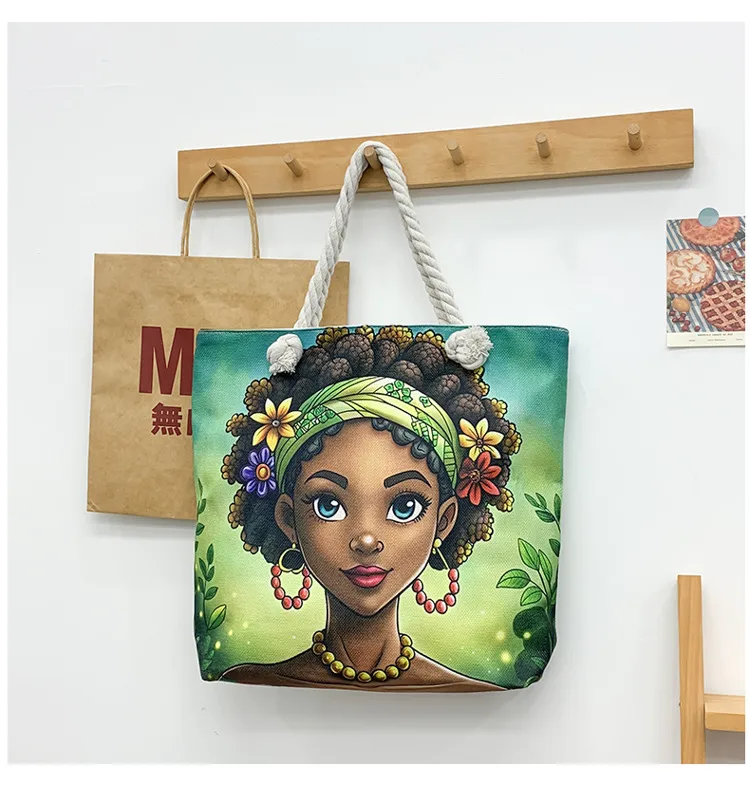 New Tote Bag Beach Bag Bart Color Painting Bag Cartoon Linen Canvas Bag Large Capacity Black Beauty display picture 29