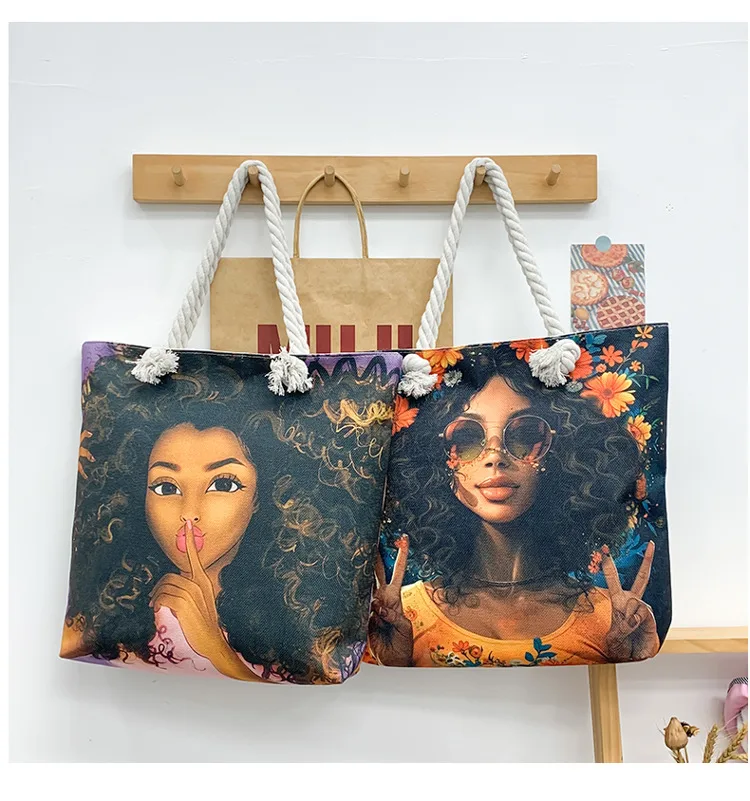 New Tote Bag Beach Bag Bart Color Painting Bag Cartoon Linen Canvas Bag Large Capacity Black Beauty display picture 30