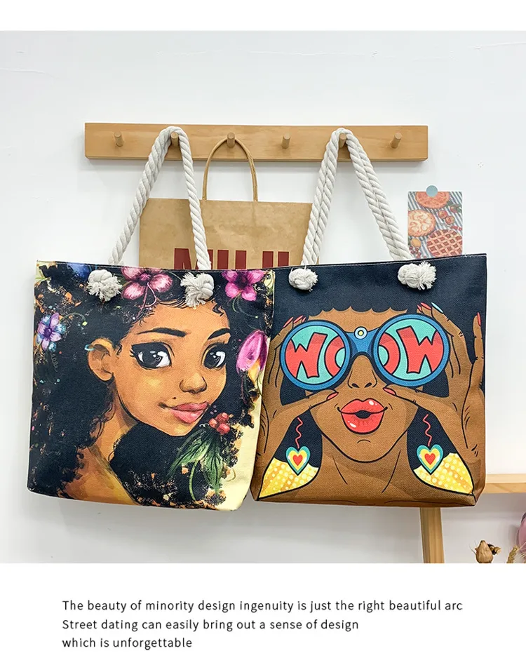 New Tote Bag Beach Bag Bart Color Painting Bag Cartoon Linen Canvas Bag Large Capacity Black Beauty display picture 32