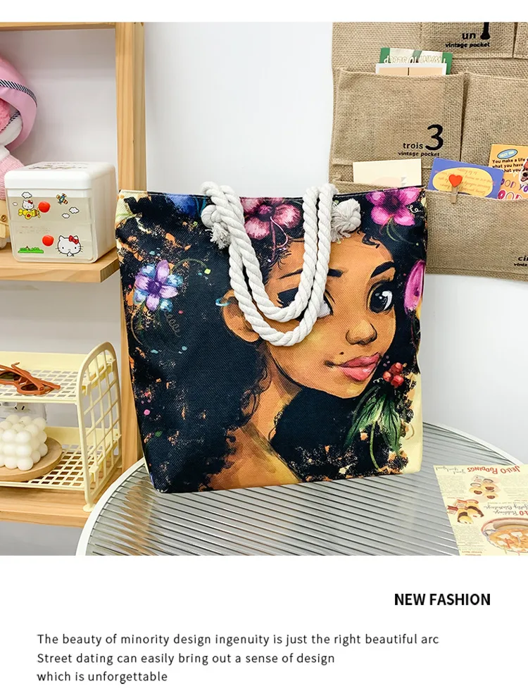 New Tote Bag Beach Bag Bart Color Painting Bag Cartoon Linen Canvas Bag Large Capacity Black Beauty display picture 33