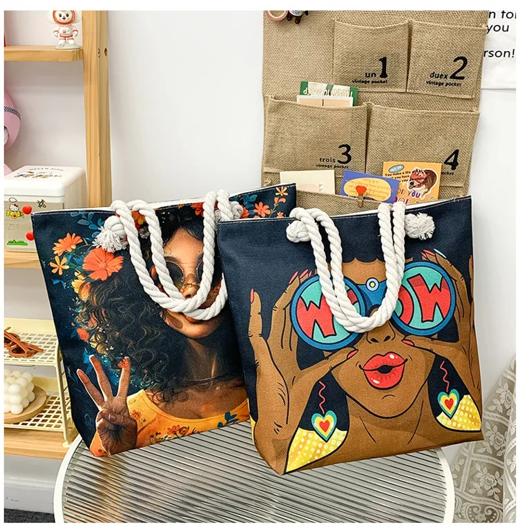 New Tote Bag Beach Bag Bart Color Painting Bag Cartoon Linen Canvas Bag Large Capacity Black Beauty display picture 34