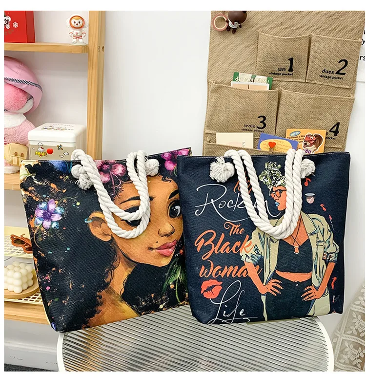 New Tote Bag Beach Bag Bart Color Painting Bag Cartoon Linen Canvas Bag Large Capacity Black Beauty display picture 35