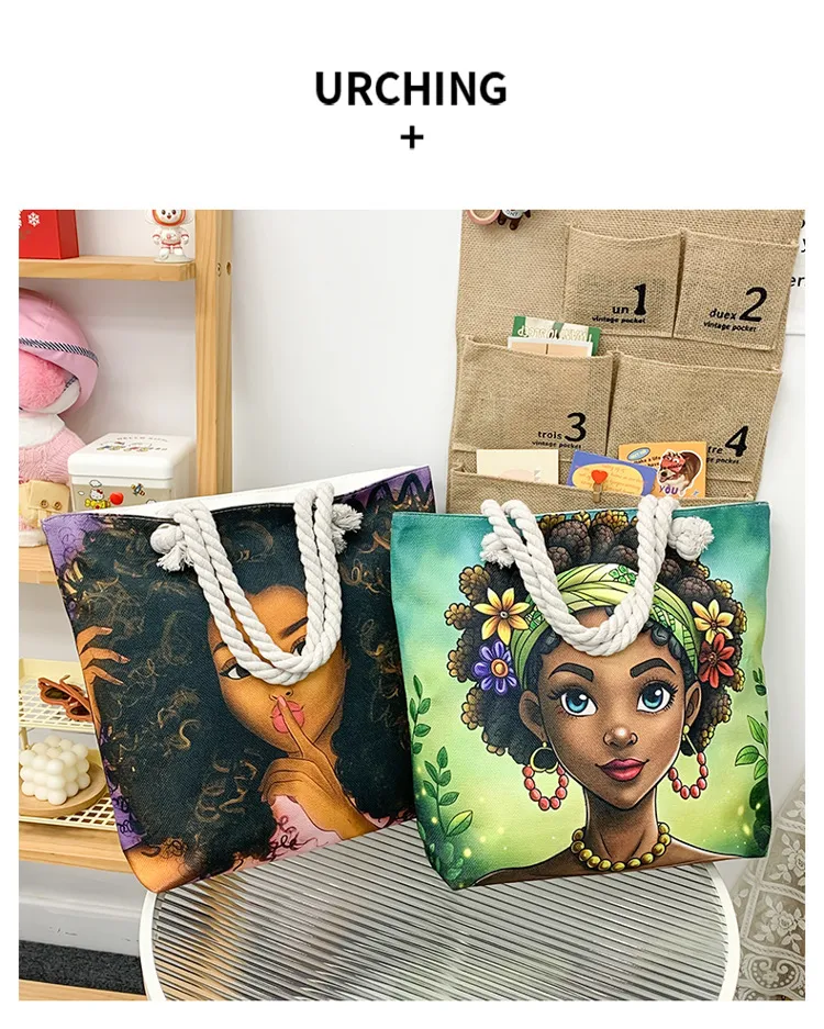 New Tote Bag Beach Bag Bart Color Painting Bag Cartoon Linen Canvas Bag Large Capacity Black Beauty display picture 36