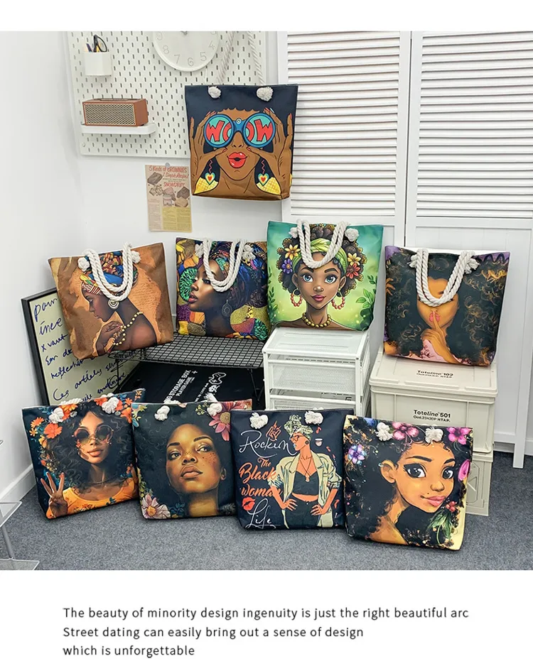 New Tote Bag Beach Bag Bart Color Painting Bag Cartoon Linen Canvas Bag Large Capacity Black Beauty display picture 37