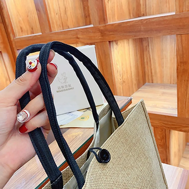 Printable Logo Pattern Linen Tote Bag Ladies Work Bag Portable Shopping Bag Large Capacity Lunch Bag display picture 6