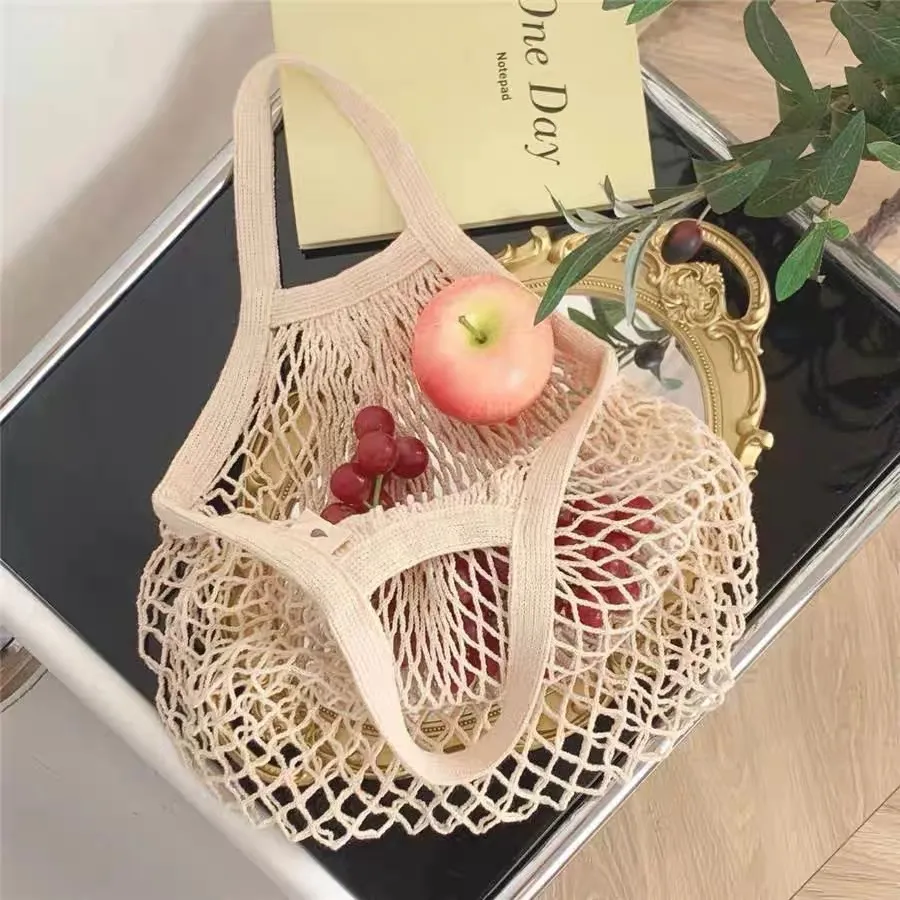 Spot Pure Cotton Bag Vegetable And Fruit Beach Woven Mesh Bag Satchel Supermarket Shopping Bag display picture 4
