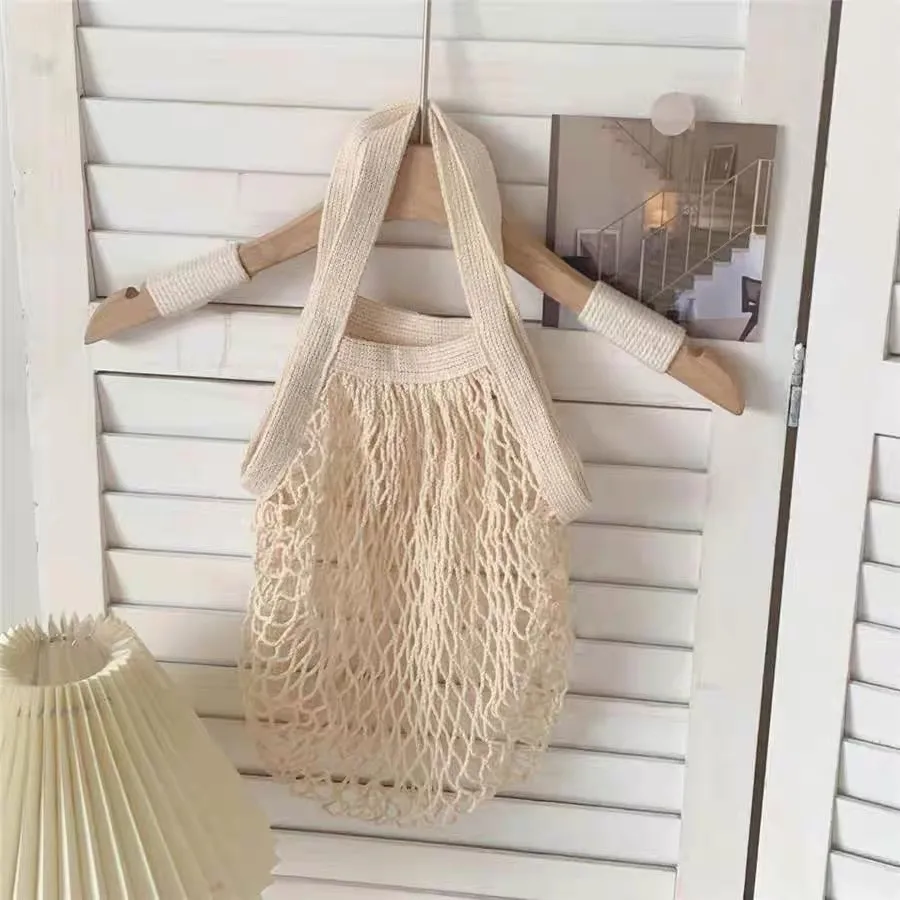 Spot Pure Cotton Bag Vegetable And Fruit Beach Woven Mesh Bag Satchel Supermarket Shopping Bag display picture 7