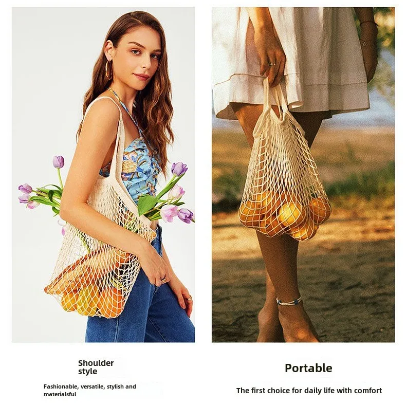 Spot Pure Cotton Bag Vegetable And Fruit Beach Woven Mesh Bag Satchel Supermarket Shopping Bag display picture 11