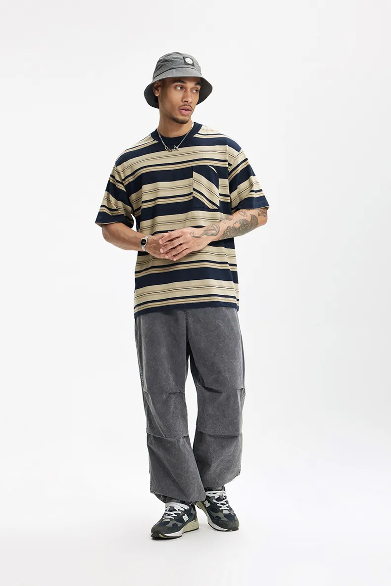 Jiezhan Men's Wear | Striped Pocket T-shirt  Spring And Summer New American Fashion Brand Loose Striped Short Sleeve Men's Top display picture 2