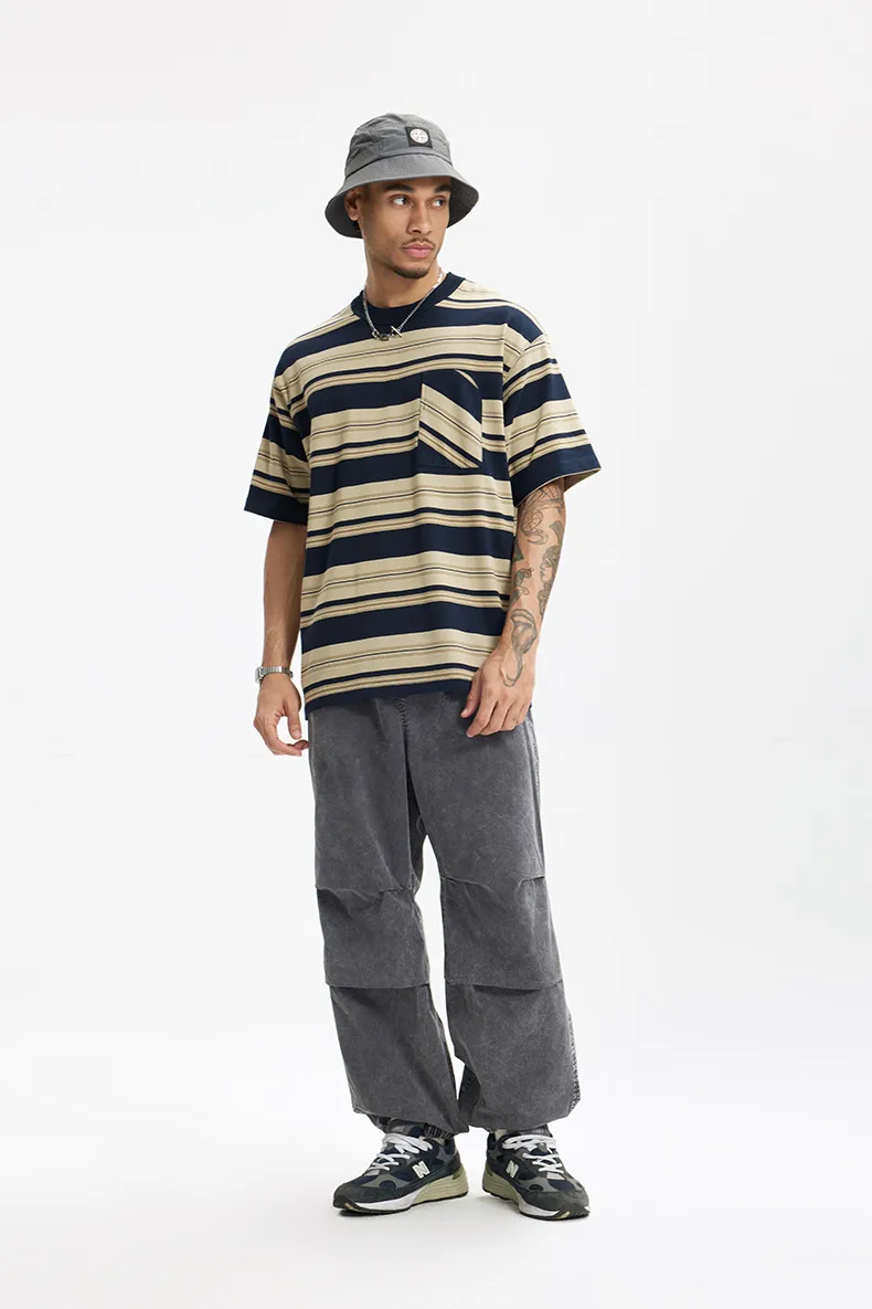 Jiezhan Men's Wear | Striped Pocket T-shirt  Spring And Summer New American Fashion Brand Loose Striped Short Sleeve Men's Top display picture 3