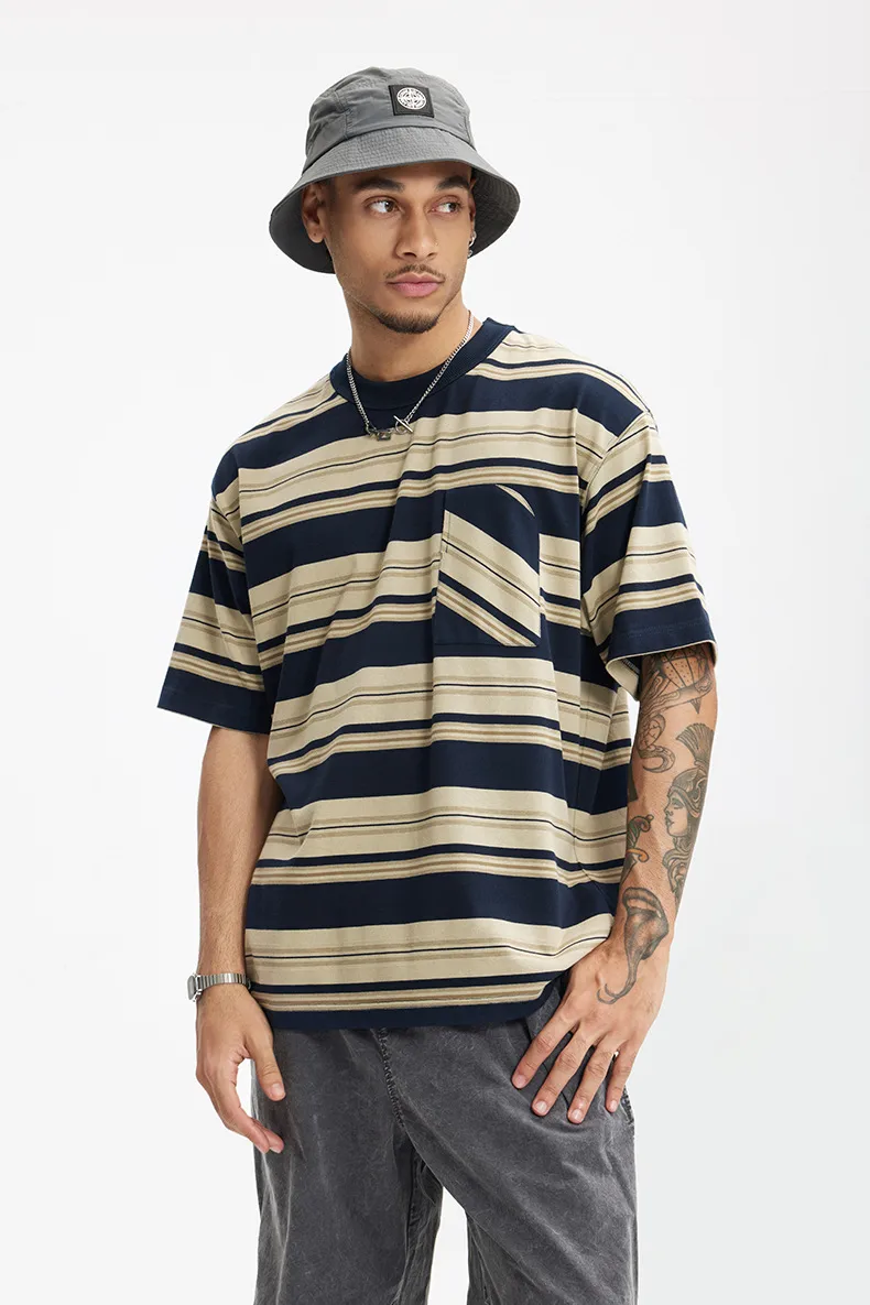 Jiezhan Men's Wear | Striped Pocket T-shirt  Spring And Summer New American Fashion Brand Loose Striped Short Sleeve Men's Top display picture 4