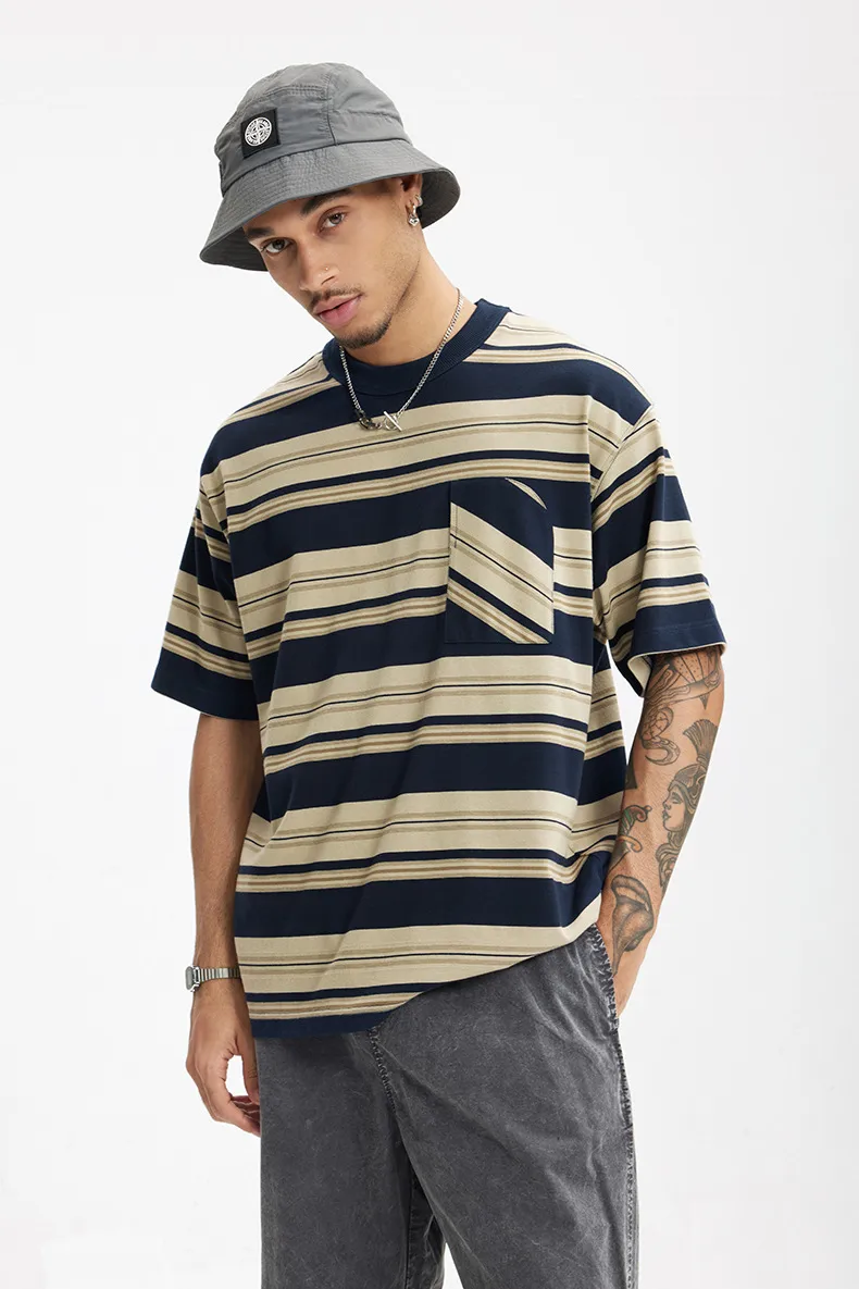 Jiezhan Men's Wear | Striped Pocket T-shirt  Spring And Summer New American Fashion Brand Loose Striped Short Sleeve Men's Top display picture 5