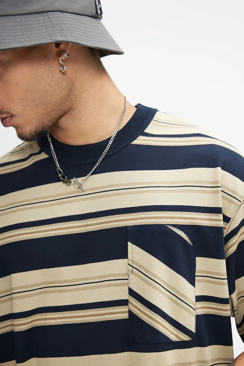Jiezhan Men's Wear | Striped Pocket T-shirt  Spring And Summer New American Fashion Brand Loose Striped Short Sleeve Men's Top display picture 6
