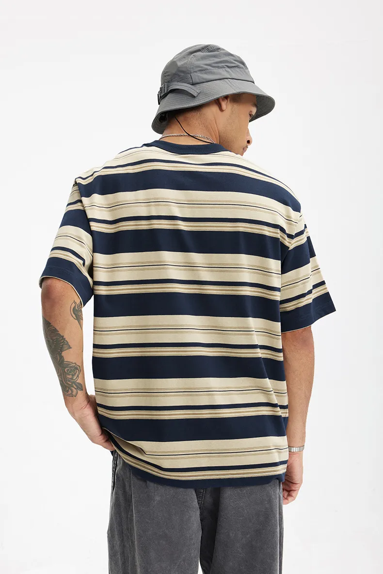 Jiezhan Men's Wear | Striped Pocket T-shirt  Spring And Summer New American Fashion Brand Loose Striped Short Sleeve Men's Top display picture 7