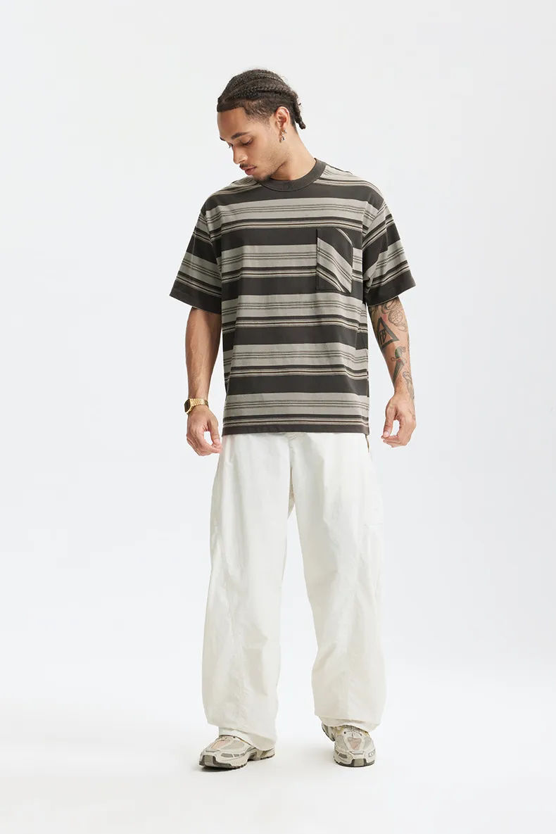 Jiezhan Men's Wear | Striped Pocket T-shirt  Spring And Summer New American Fashion Brand Loose Striped Short Sleeve Men's Top display picture 8
