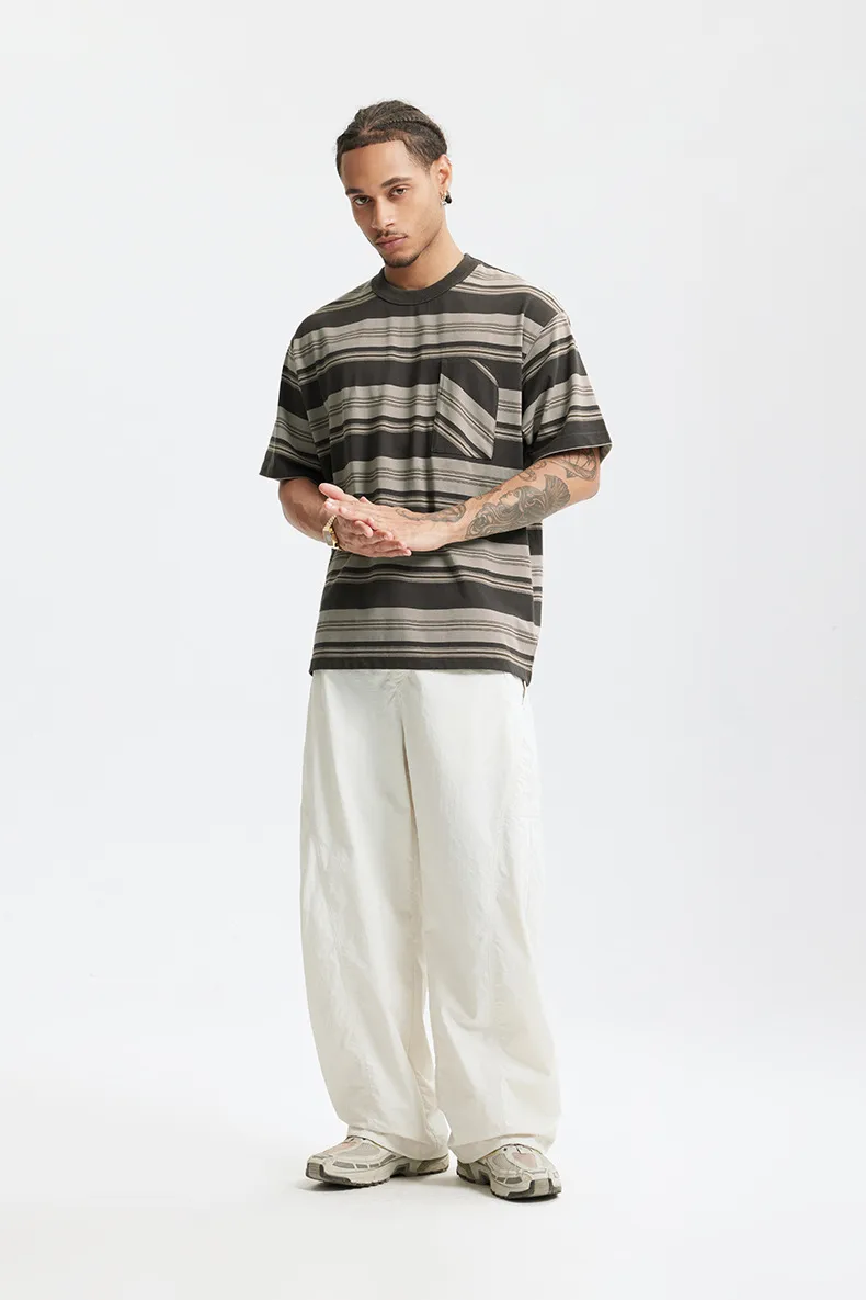 Jiezhan Men's Wear | Striped Pocket T-shirt  Spring And Summer New American Fashion Brand Loose Striped Short Sleeve Men's Top display picture 9