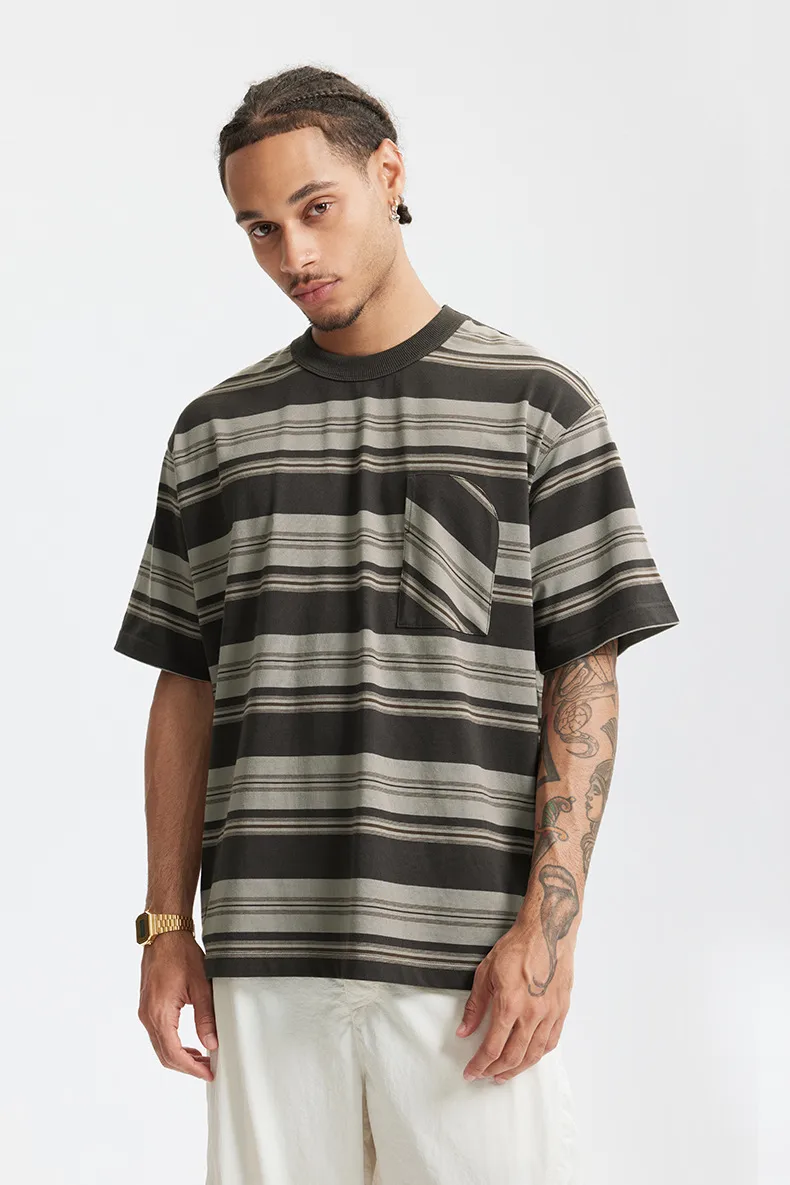 Jiezhan Men's Wear | Striped Pocket T-shirt  Spring And Summer New American Fashion Brand Loose Striped Short Sleeve Men's Top display picture 10