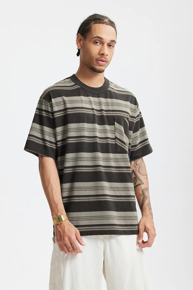 Jiezhan Men's Wear | Striped Pocket T-shirt  Spring And Summer New American Fashion Brand Loose Striped Short Sleeve Men's Top display picture 11