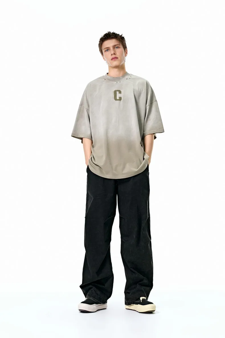Jie Zhan Men's Wear | Alphabet Gradient Wash T-shirt  Spring And Summer American Street Spray Horse Heavy Embroidered Short Sleeve display picture 2
