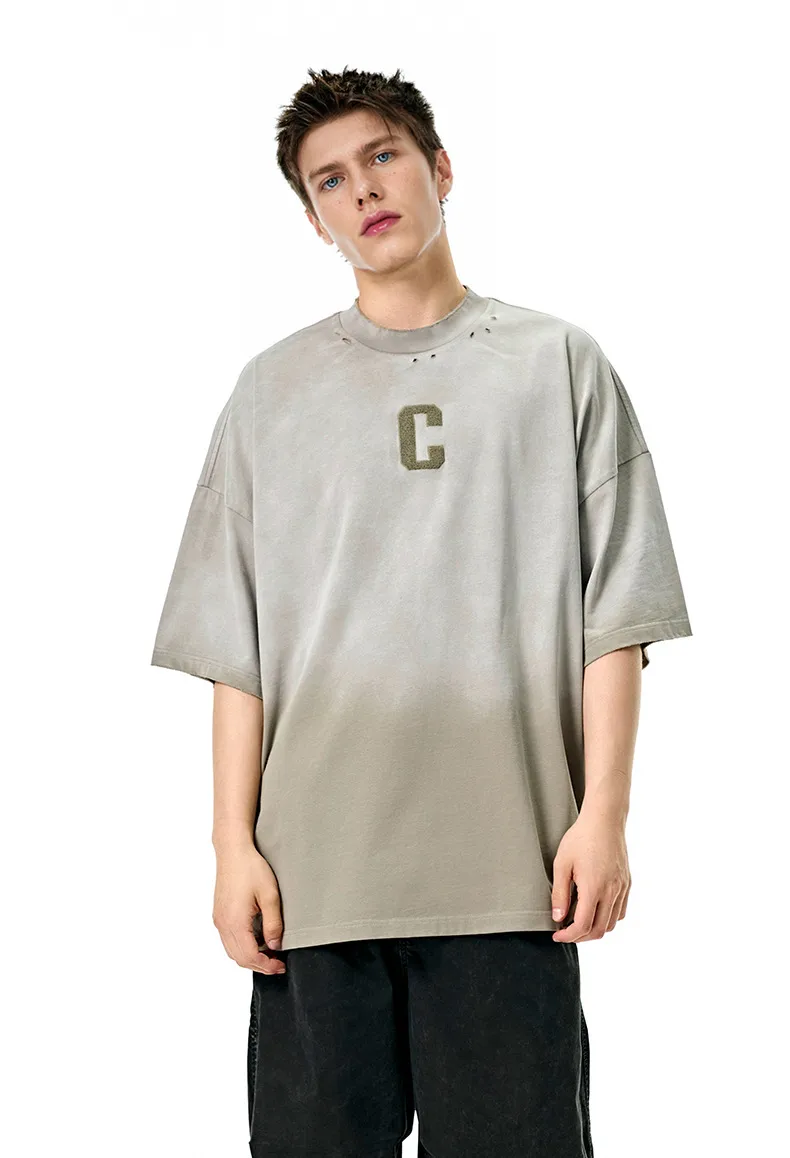 Jie Zhan Men's Wear | Alphabet Gradient Wash T-shirt  Spring And Summer American Street Spray Horse Heavy Embroidered Short Sleeve display picture 4