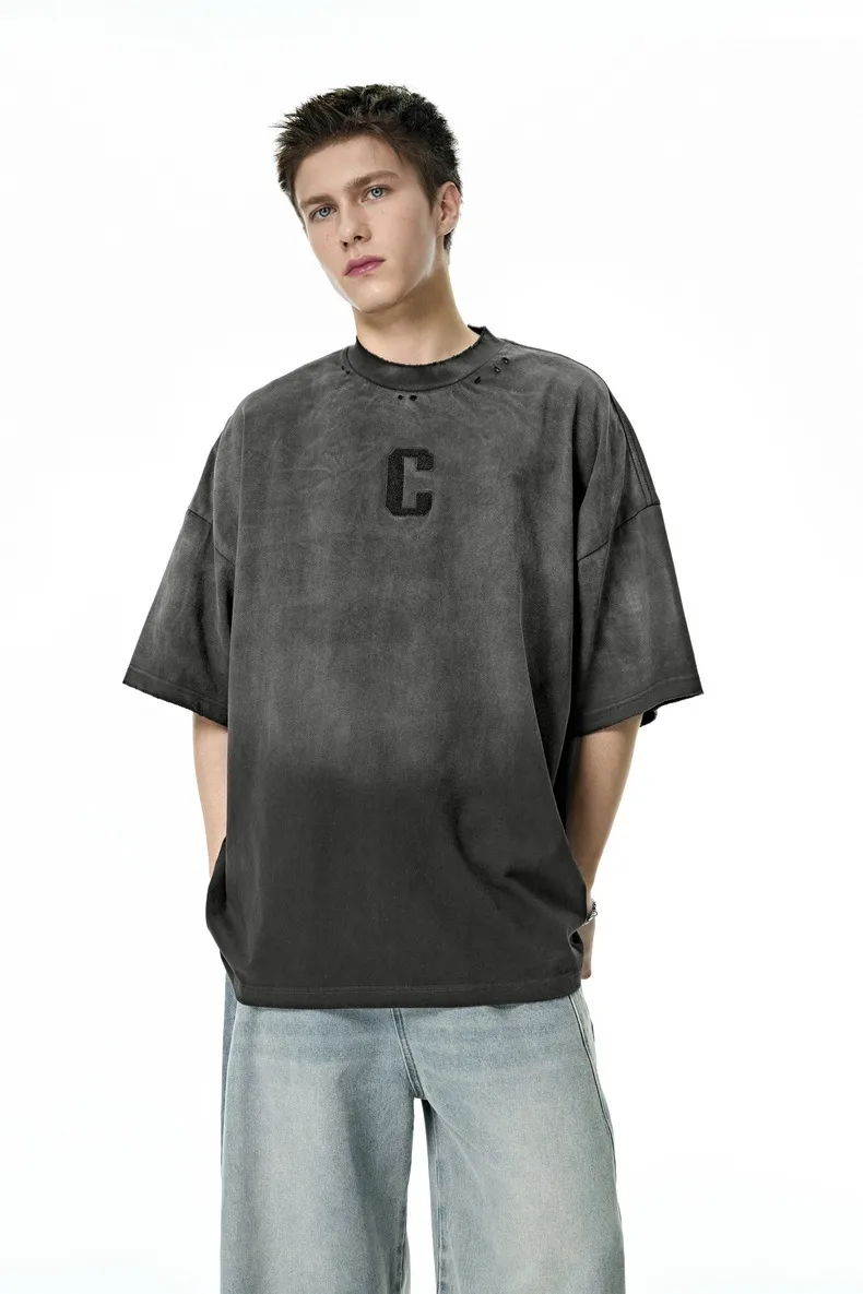 Jie Zhan Men's Wear | Alphabet Gradient Wash T-shirt  Spring And Summer American Street Spray Horse Heavy Embroidered Short Sleeve display picture 6