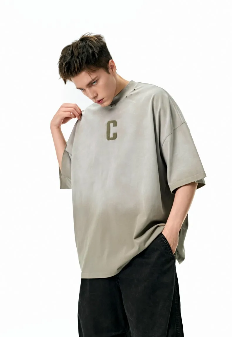 Jie Zhan Men's Wear | Alphabet Gradient Wash T-shirt  Spring And Summer American Street Spray Horse Heavy Embroidered Short Sleeve display picture 7