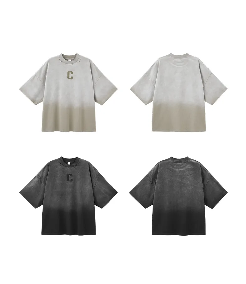 Jie Zhan Men's Wear | Alphabet Gradient Wash T-shirt  Spring And Summer American Street Spray Horse Heavy Embroidered Short Sleeve display picture 12