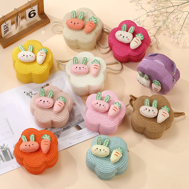 Summer Girls Woven Seaside Bag  New Cute Rabbit Straw Bag Beach Children Crossbody Small Round Bag display picture 1