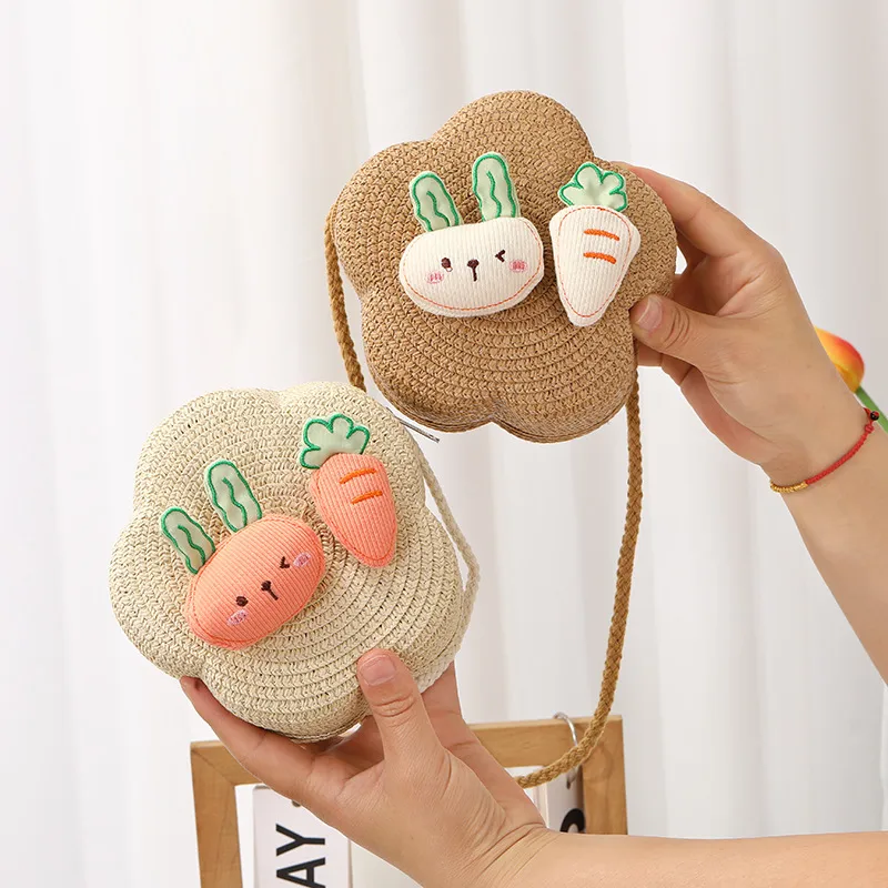 Summer Girls Woven Seaside Bag  New Cute Rabbit Straw Bag Beach Children Crossbody Small Round Bag display picture 2