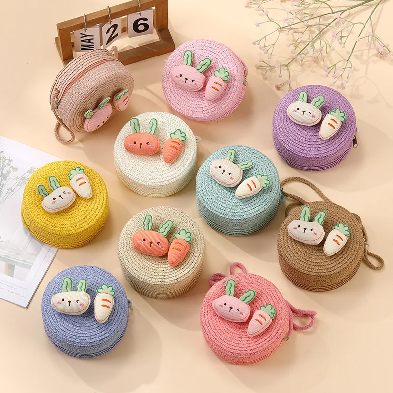 Summer Girls Woven Seaside Bag  New Cute Rabbit Straw Bag Beach Children Crossbody Small Round Bag display picture 3