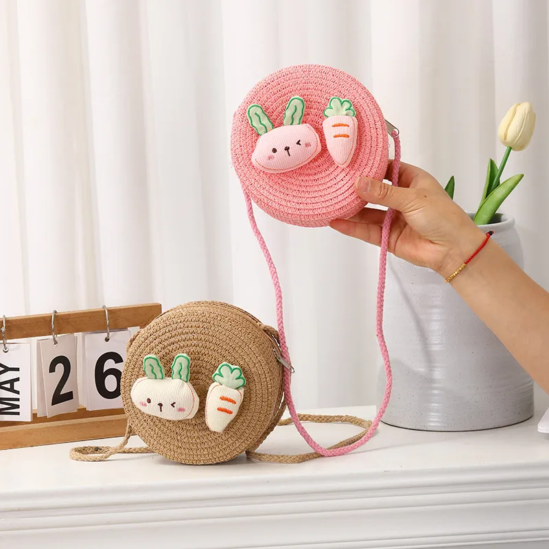 Summer Girls Woven Seaside Bag  New Cute Rabbit Straw Bag Beach Children Crossbody Small Round Bag display picture 4