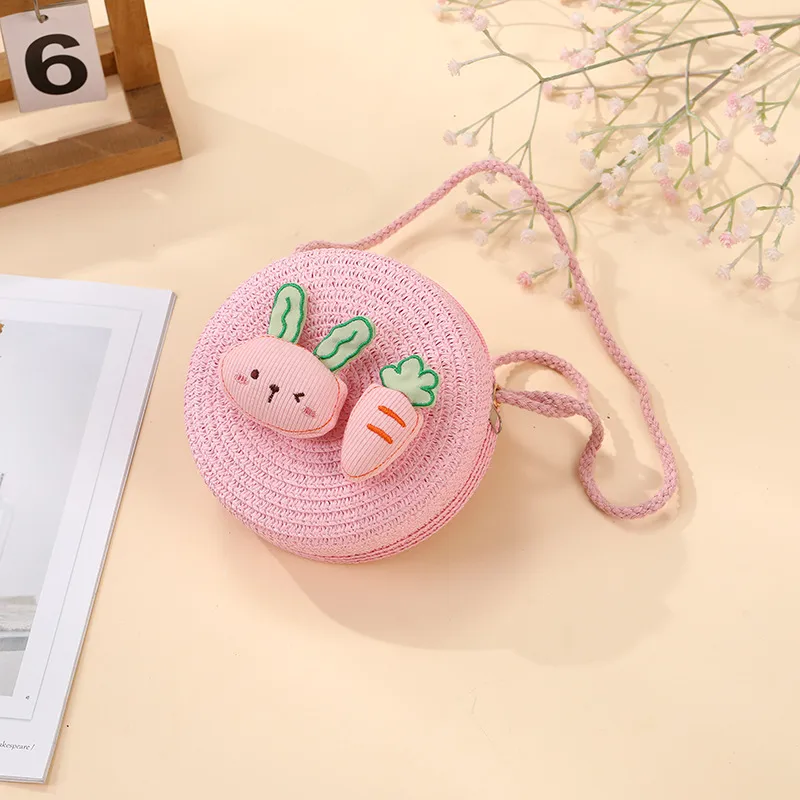 Summer Girls Woven Seaside Bag  New Cute Rabbit Straw Bag Beach Children Crossbody Small Round Bag display picture 5