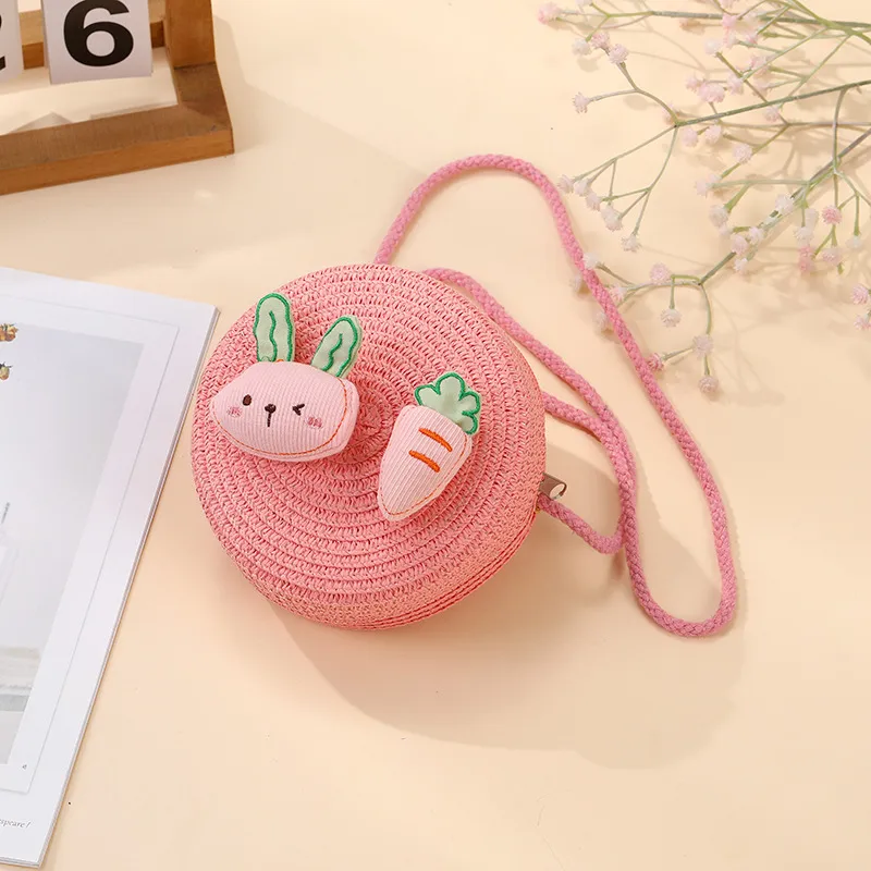 Summer Girls Woven Seaside Bag  New Cute Rabbit Straw Bag Beach Children Crossbody Small Round Bag display picture 11