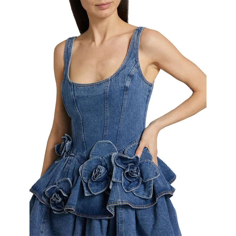 Flower Double Layer Denim Strap Skirt    Spring New Casual Style Strap Denim Skirt display picture 6