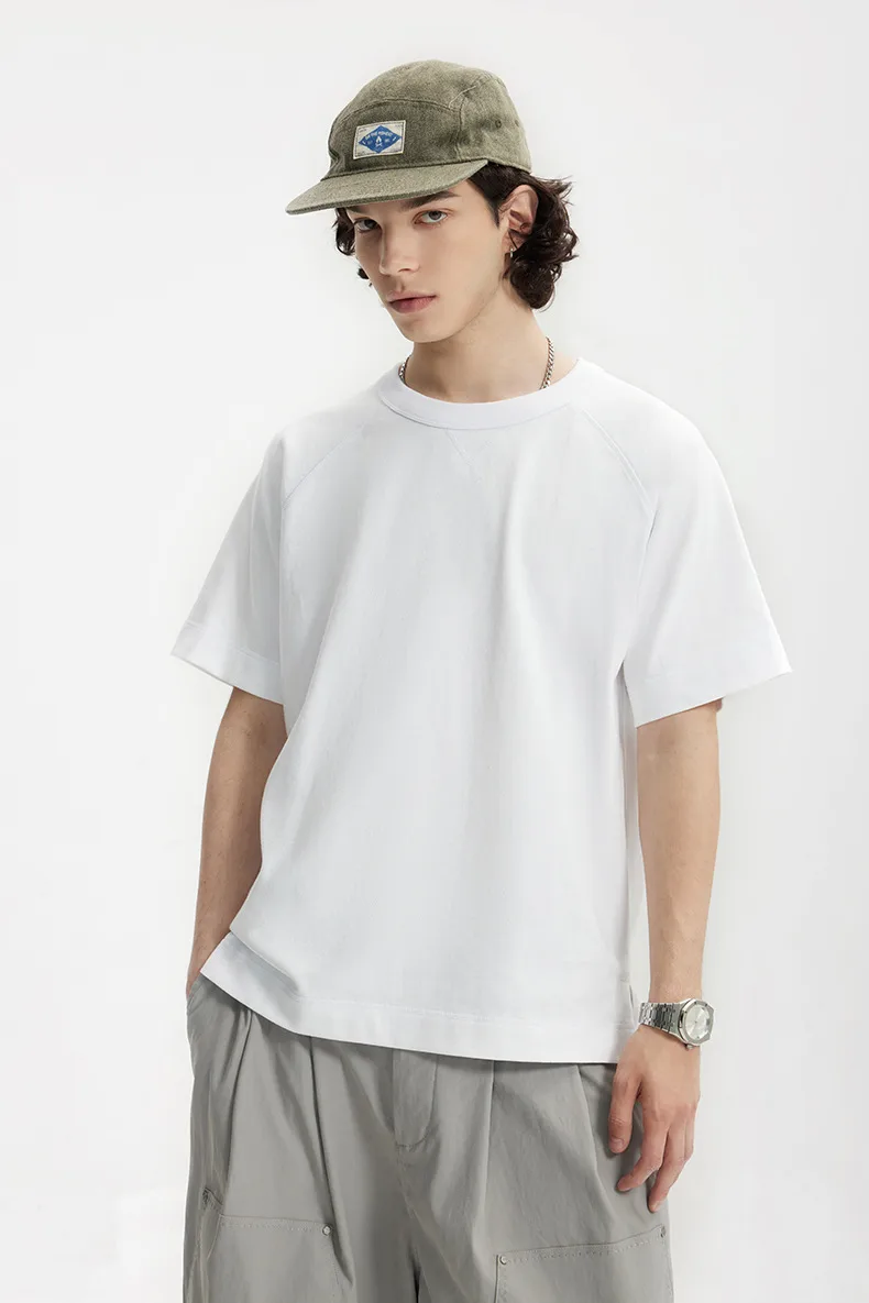 Jie Zhan Men's Wear | Heavy Hemp Cotton American Shoulder T-shirt  Spring/Summer New Hems Split 250g Retro Short Sleeve display picture 3