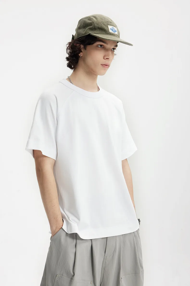 Jie Zhan Men's Wear | Heavy Hemp Cotton American Shoulder T-shirt  Spring/Summer New Hems Split 250g Retro Short Sleeve display picture 5