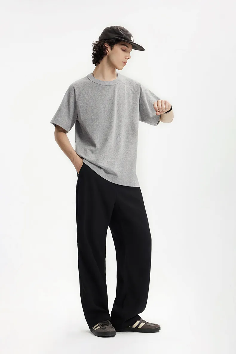 Jie Zhan Men's Wear | Heavy Hemp Cotton American Shoulder T-shirt  Spring/Summer New Hems Split 250g Retro Short Sleeve display picture 6