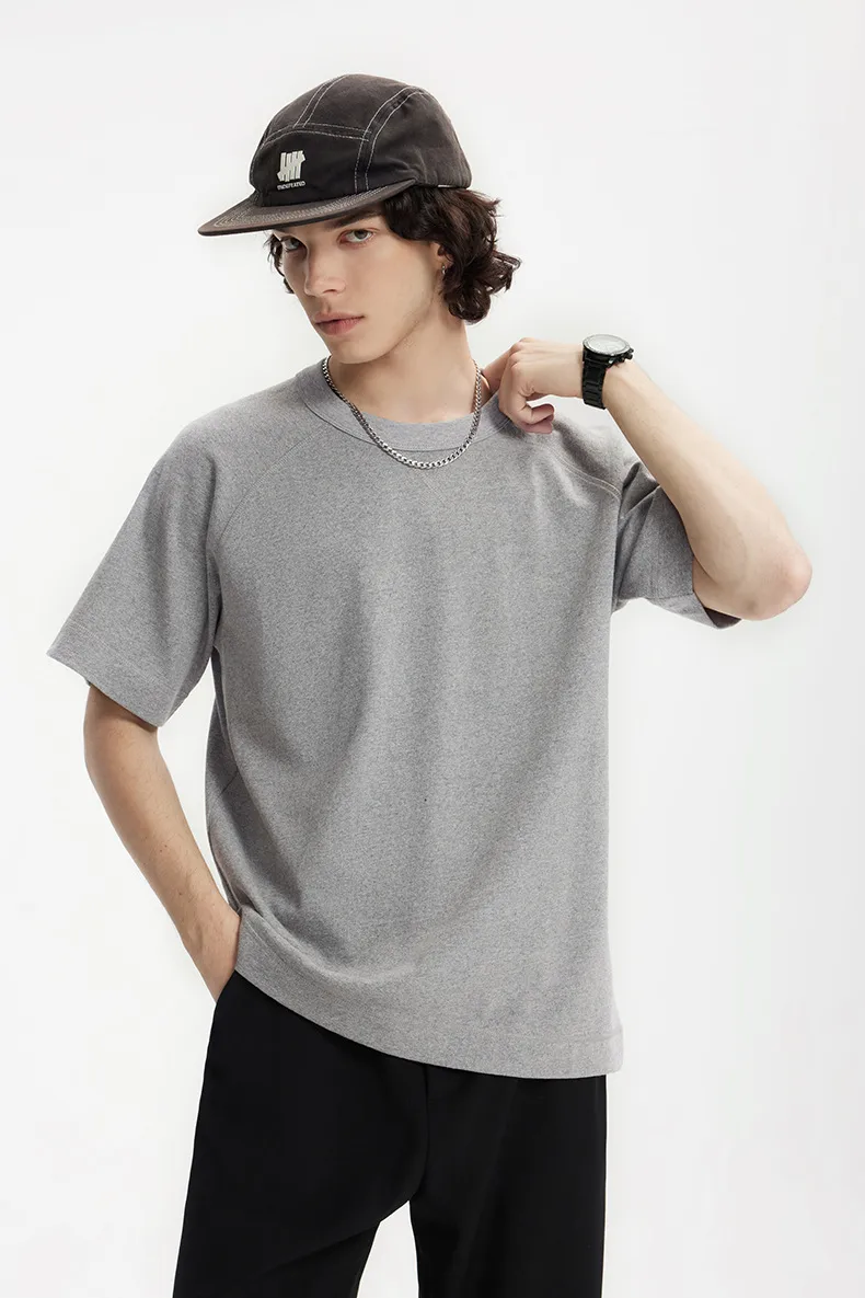 Jie Zhan Men's Wear | Heavy Hemp Cotton American Shoulder T-shirt  Spring/Summer New Hems Split 250g Retro Short Sleeve display picture 7