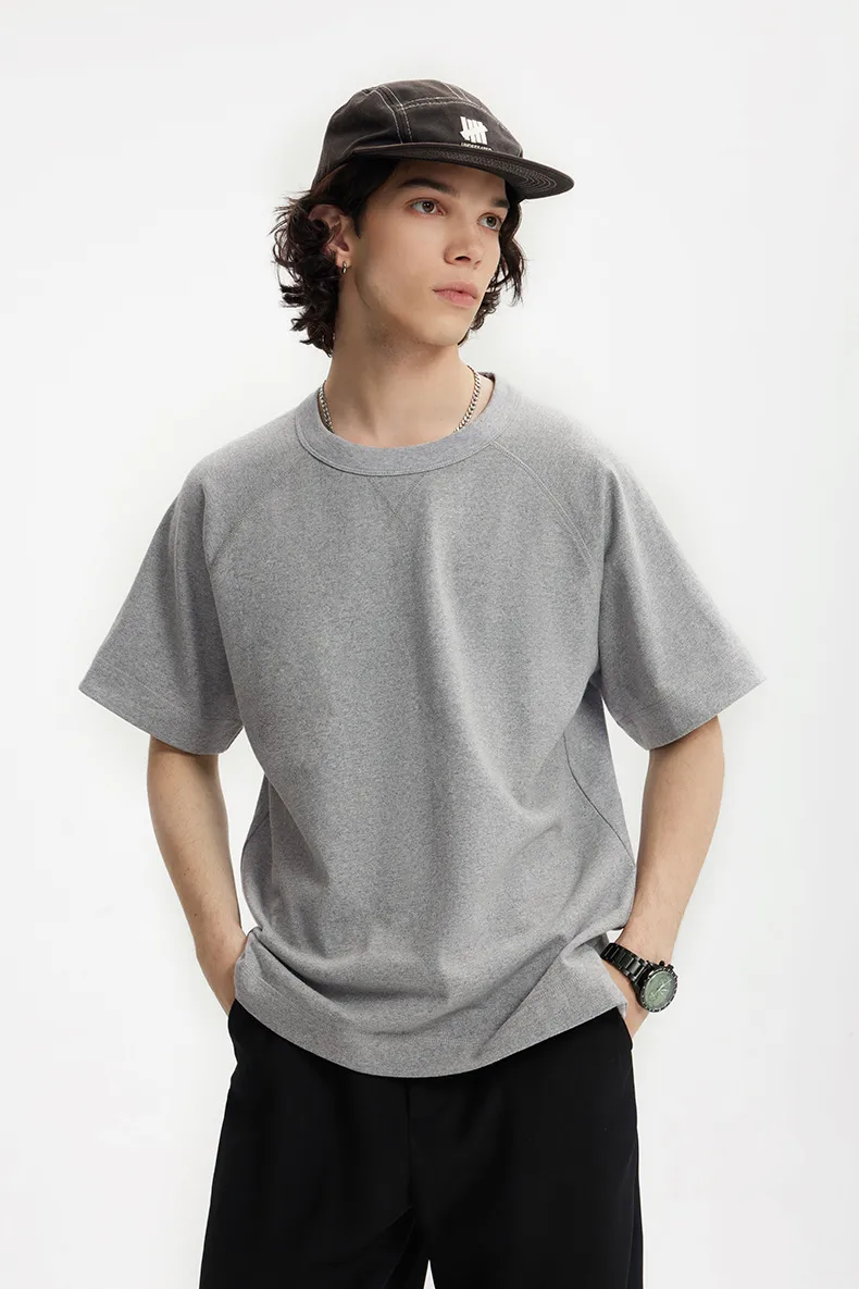 Jie Zhan Men's Wear | Heavy Hemp Cotton American Shoulder T-shirt  Spring/Summer New Hems Split 250g Retro Short Sleeve display picture 8