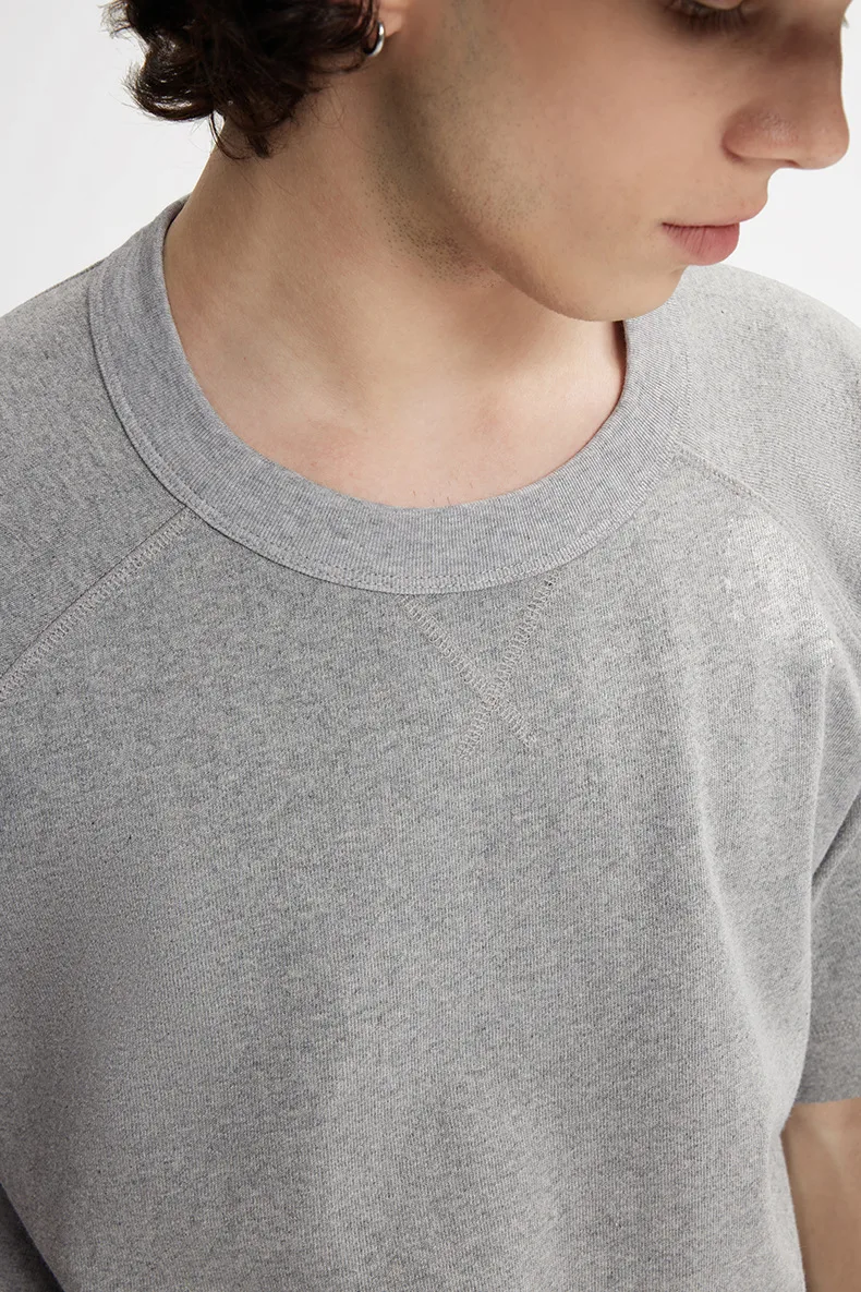 Jie Zhan Men's Wear | Heavy Hemp Cotton American Shoulder T-shirt  Spring/Summer New Hems Split 250g Retro Short Sleeve display picture 9