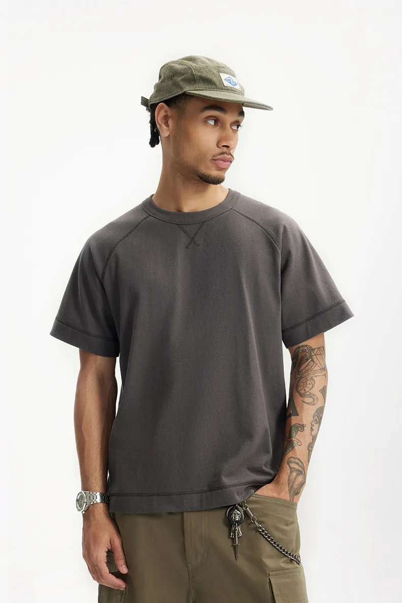 Jie Zhan Men's Wear | Heavy Hemp Cotton American Shoulder T-shirt  Spring/Summer New Hems Split 250g Retro Short Sleeve display picture 10