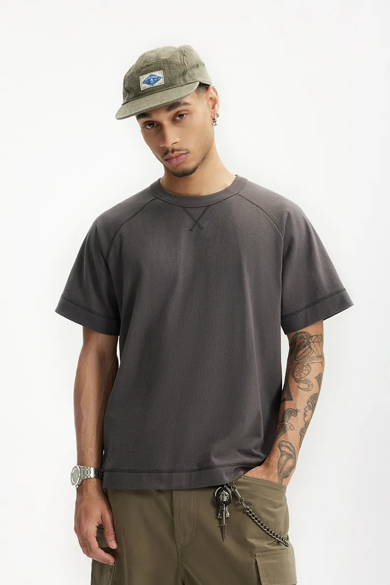 Jie Zhan Men's Wear | Heavy Hemp Cotton American Shoulder T-shirt  Spring/Summer New Hems Split 250g Retro Short Sleeve display picture 11