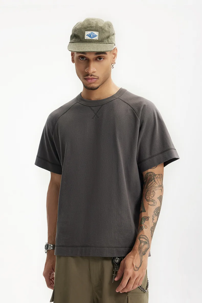 Jie Zhan Men's Wear | Heavy Hemp Cotton American Shoulder T-shirt  Spring/Summer New Hems Split 250g Retro Short Sleeve display picture 12