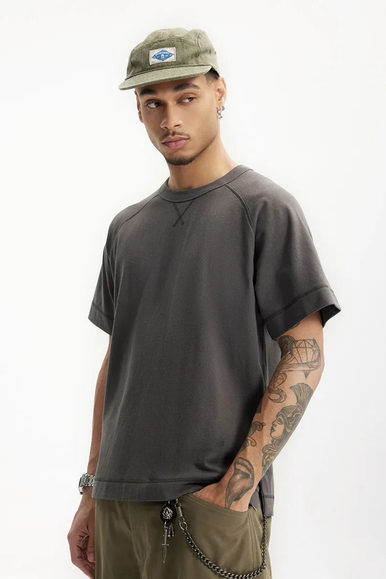 Jie Zhan Men's Wear | Heavy Hemp Cotton American Shoulder T-shirt  Spring/Summer New Hems Split 250g Retro Short Sleeve display picture 13