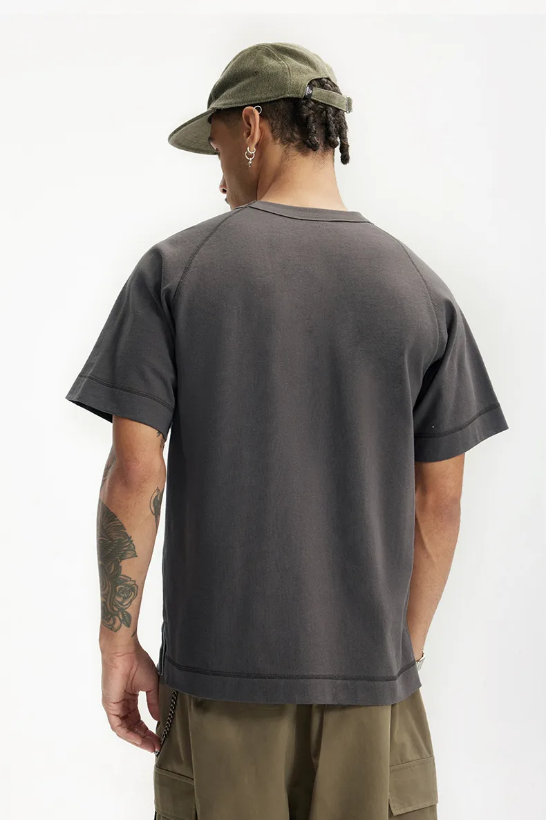 Jie Zhan Men's Wear | Heavy Hemp Cotton American Shoulder T-shirt  Spring/Summer New Hems Split 250g Retro Short Sleeve display picture 16