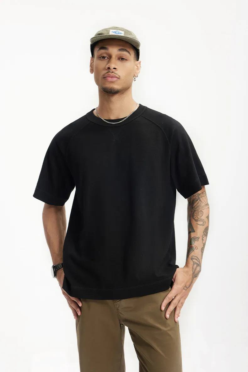 Jie Zhan Men's Wear | Heavy Hemp Cotton American Shoulder T-shirt  Spring/Summer New Hems Split 250g Retro Short Sleeve display picture 17