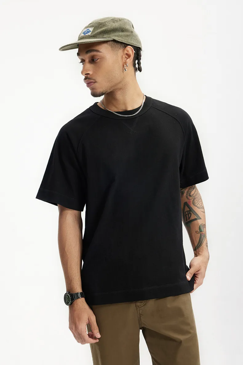 Jie Zhan Men's Wear | Heavy Hemp Cotton American Shoulder T-shirt  Spring/Summer New Hems Split 250g Retro Short Sleeve display picture 18