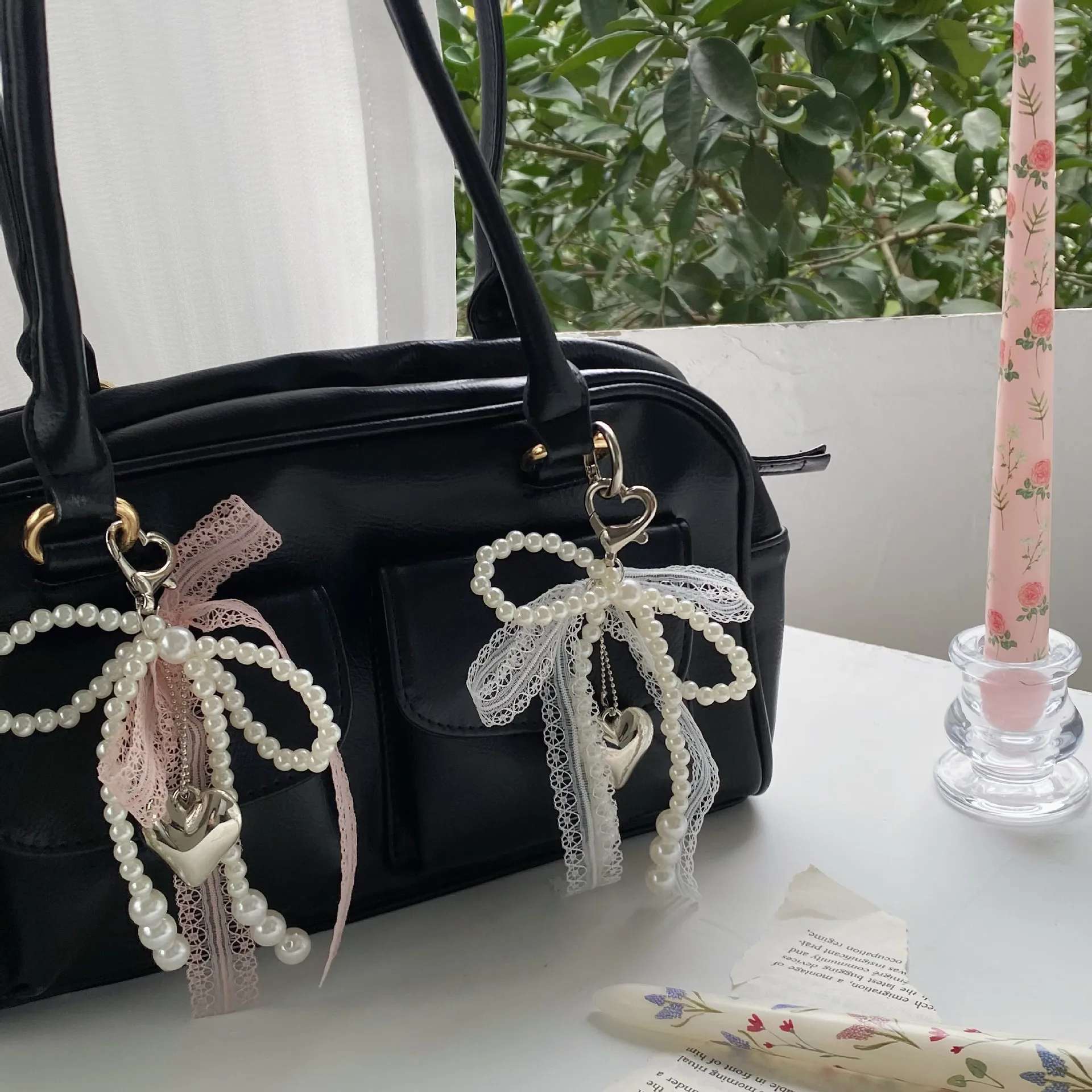 Girl's Heart Lace Pearl Bow Bag Pendant Ins Style Keychain AirPods Accessories Love Pendant display picture 4