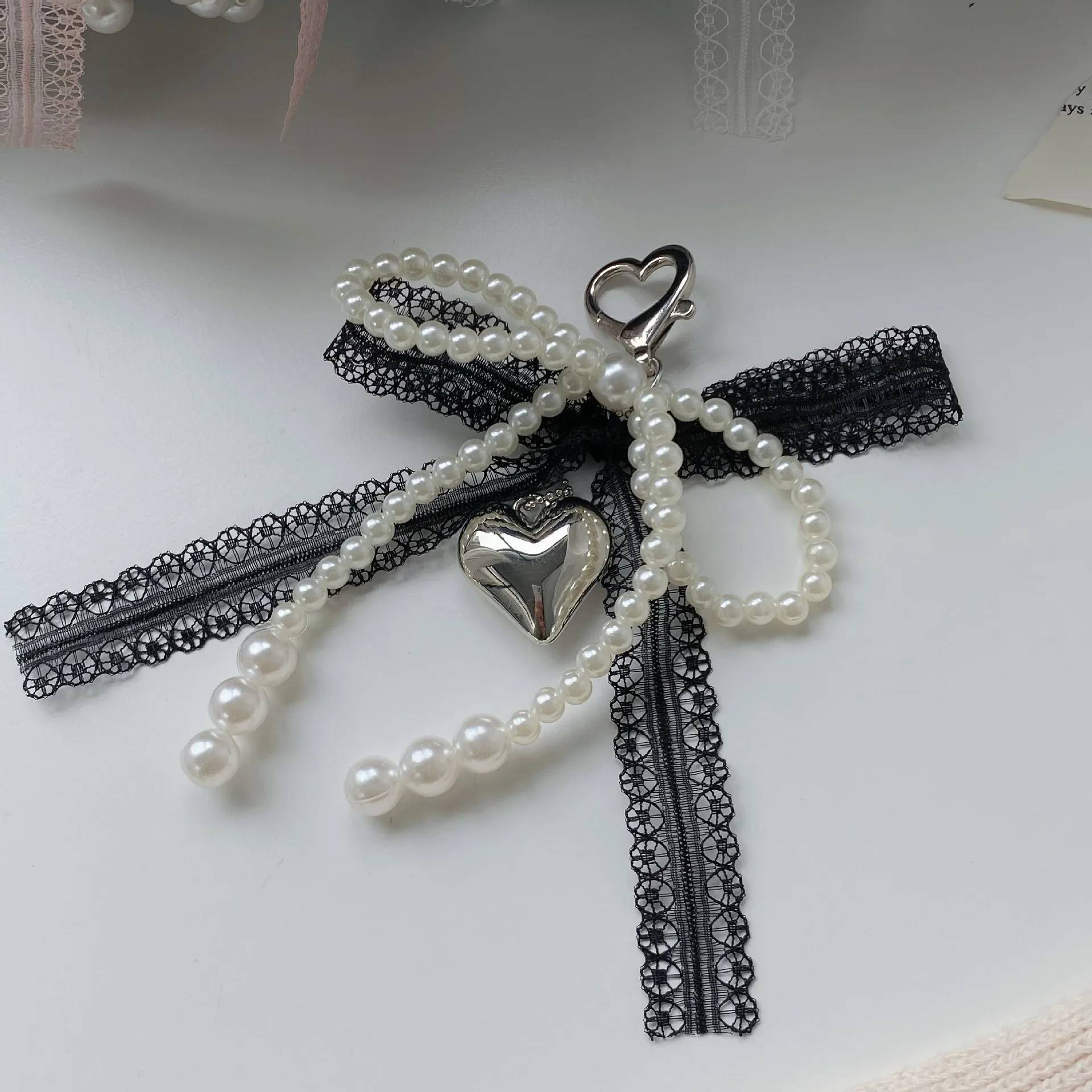Girl's Heart Lace Pearl Bow Bag Pendant Ins Style Keychain AirPods Accessories Love Pendant display picture 5