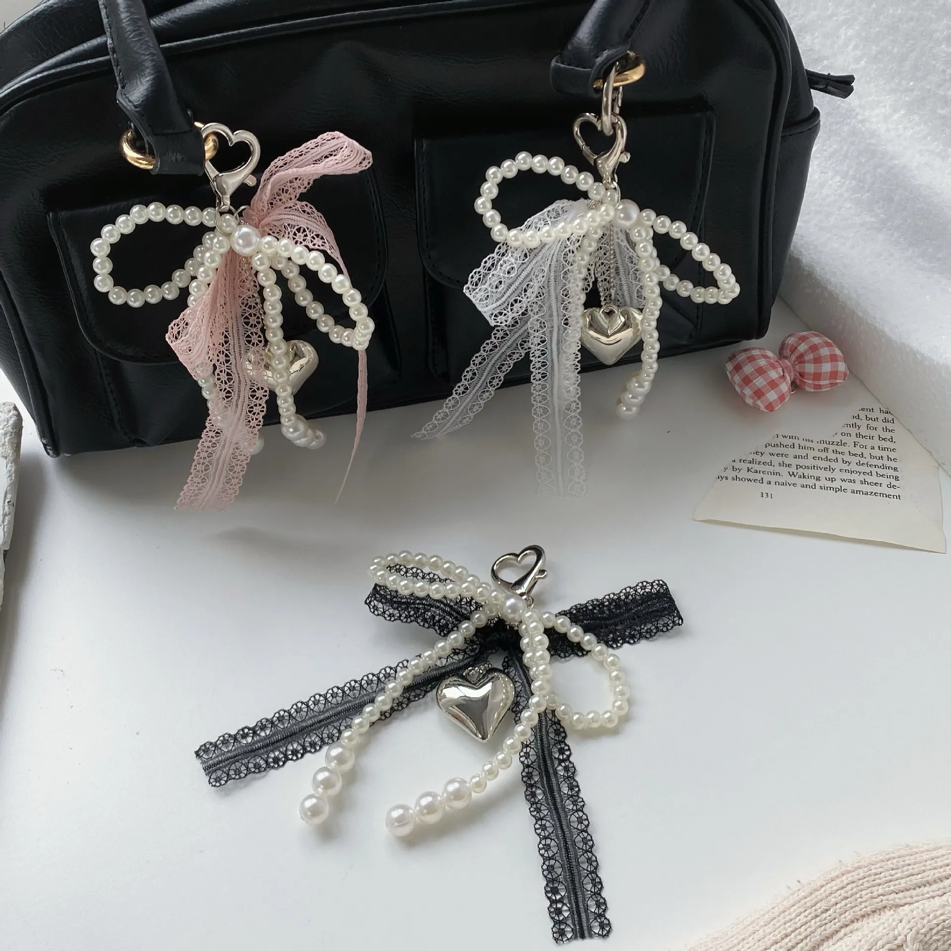 Girl's Heart Lace Pearl Bow Bag Pendant Ins Style Keychain AirPods Accessories Love Pendant display picture 9